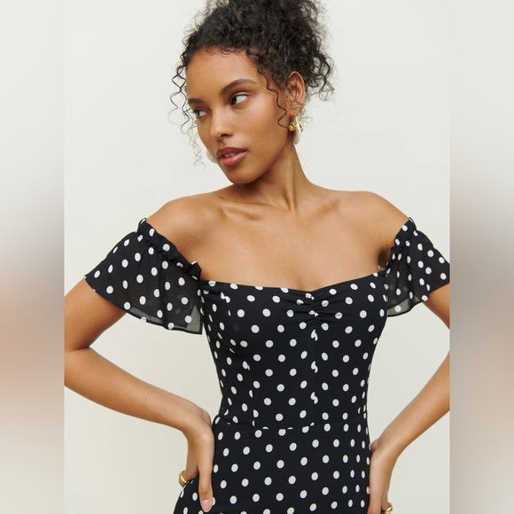 Reformation Black Polka Dot Off-Shoulder Midi Dress - Picture 2 of 14